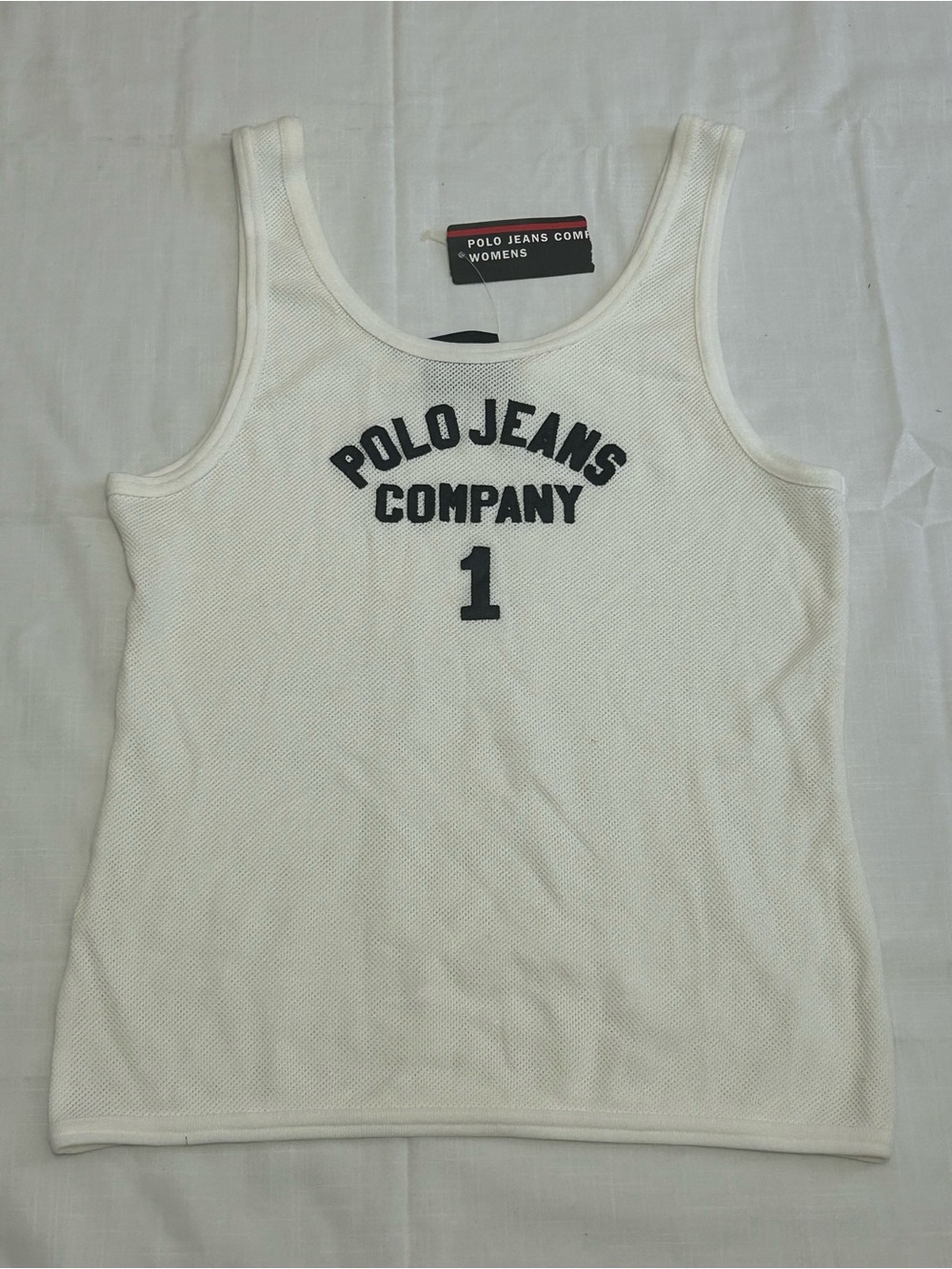 Polo Jeans Company Women’s White Mesh Tank with Black Logo Size XL
